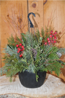 A black hanging basket is filled with evergreen cuttings, red twigs, and red berries.